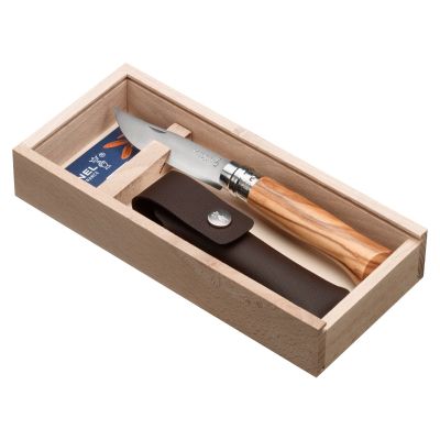 Cutit de buzunar N°08, cu teaca, inox, 8,5 cm, "Tradition Luxe", Olive - Opinel
